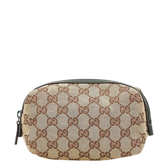Gucci Leather GG Beige Pouch Green Canvas Brown - Picture 1 of 8